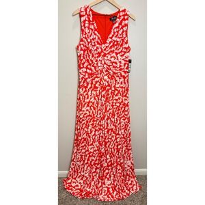NWT Jessica Howard 14 Pleated Front Maxi Dress Sleeveless Red White Print Jersey